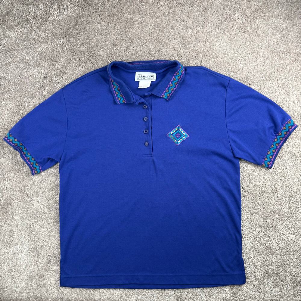 Jantzen Classics Size L Royal Blue Polo Shirt Geometric Embroidered Trim Vtg USA